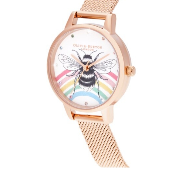 BNIB Olivia Burton Bee Rainbow Rose Gold(SS) Mesh Watch - Picture 2 of 9
